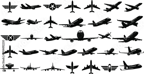 Airplane and aviation icon set with jets, wings, propellers, landing, takeoff, and flight silhouettes for aerospace vector themes