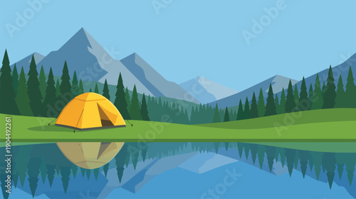 Peaceful camping beside a tranquil lake with a yellow tent, reflecting mountains, trees, sky, grass, nature and reflection in a serene landscape view
