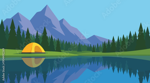 Panoramic cartoon illustration of a camping tent by a serene lake surrounded by forest, mountains and bright sky in a whimsical landscape view