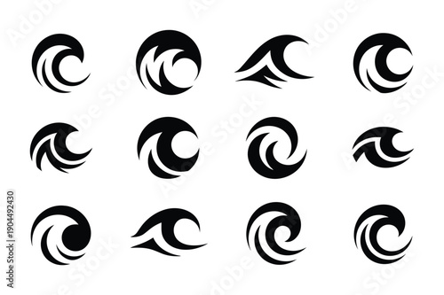 Black and white vector illustrations of swirling wave designs in a grid layout