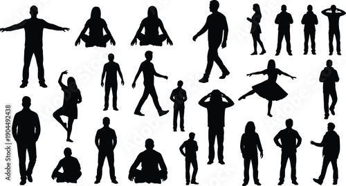 Collection of human silhouettes in various poses standing walking sitting dancing isolated on white background people activity illustration