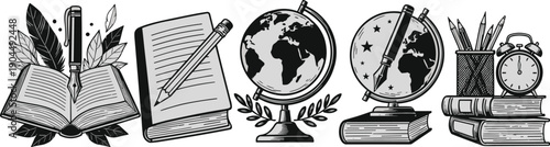 Vintage education illustration set featuring books, notebooks, globes, pens, and study elements in classic black and white vector style