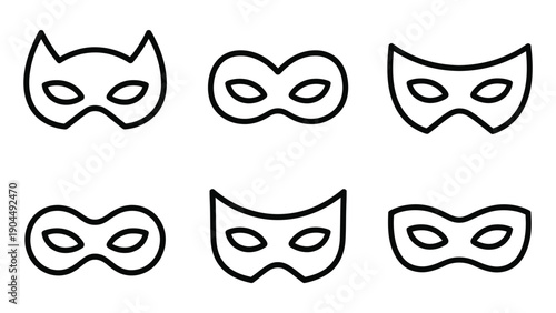 Black and white vector masks in varied shapes and designs displayed in a symmetrical layout