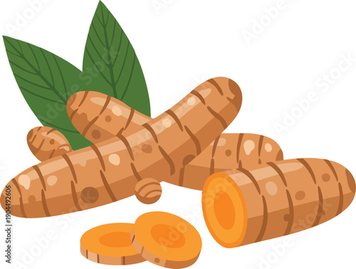 Vibrant Turmeric Root Illustration with Fresh Green Leaves and Sliced Pieces