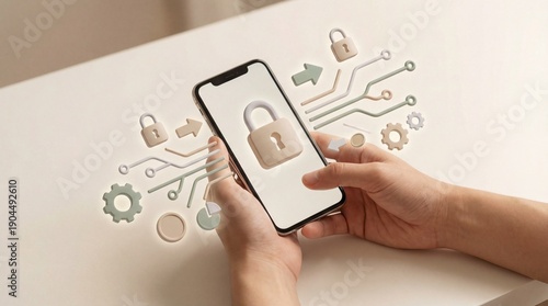 Smartphone security concept with digital lock icon and circuit board elements