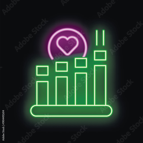 Neon heart glowing above a bar chart with the tallest bar on the right side, suggesting increasing love or affection