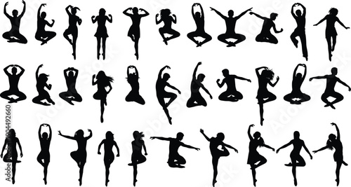 Dancing silhouettes collection jumping people expressive poses isolated on white background modern dance movement energy illustration