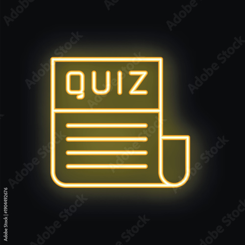Neon yellow icon of a quiz paper glowing on a black background