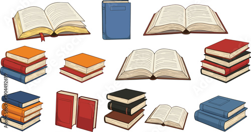Books illustration collection featuring open books, stacked textbooks, and hardcover volumes for education, reading, library, and knowledge concepts