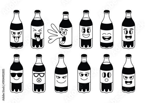 Vector illustration of soda bottles with various playful and expressive faces