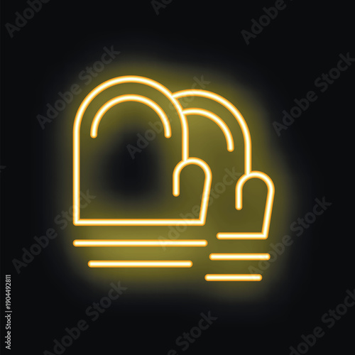Yellow neon sign representing two graves in a cemetery at night, a spooky illustration for halloween or all saints day