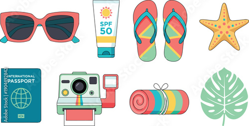 sunglasses, sunscreen, flipflops, starfish, passport, camera, towel, leaf on white backdrop