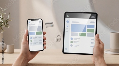 Hands holding smartphone and tablet displaying financial app with credit card and lock icons