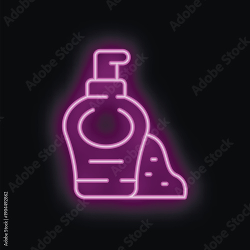Bright neon purple icon of a liquid soap bottle dispensing soap, isolated vector illustration on black background