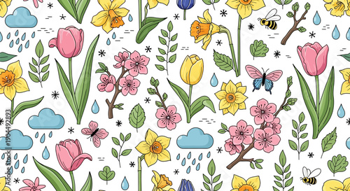 Colorful springtime seamless pattern with hand-drawn cartoon style illustrations of pink tulips, yellow daffodils, sakura blossoms, green foliage, flying bees, butterflies, and blue rain clouds.