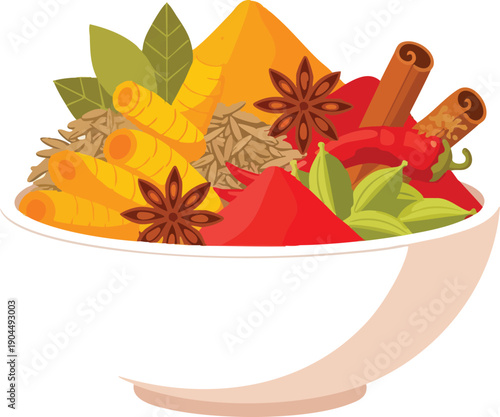 A white bowl filled with various colorful spices and herbs, including turmeric, cinnamon, star anise, and chili peppers, representing culinary ingredients and flavor
