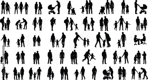 Family people silhouette collection with parents children stroller and couples showing love parenting relationship lifestyle isolated on white background illustration
