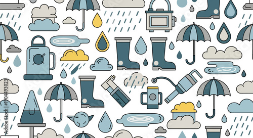Seamless pattern of rainy season elements featuring flat design icons like umbrellas, puddles, rubber boots, falling raindrops, and gray clouds on a white background.