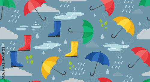 Repeating colorful vector pattern of rainy day objects including red, blue, and yellow rubber rain boots, open umbrellas, falling water drops, gray clouds, and puddles on a wet weather background.