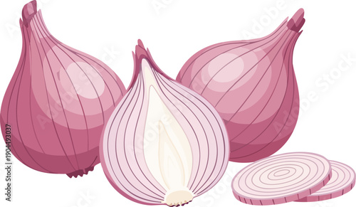 Illustration of fresh red onions, one whole and one halved, with thin slices, showcasing their vibrant color and layered texture, perfect for culinary and health-related content