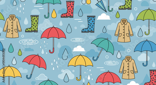 Detailed vector repeating pattern of rainy season essentials: colorful umbrellas, trench coats, dotted rubber boots, and raindrops scattered across a light blue background.