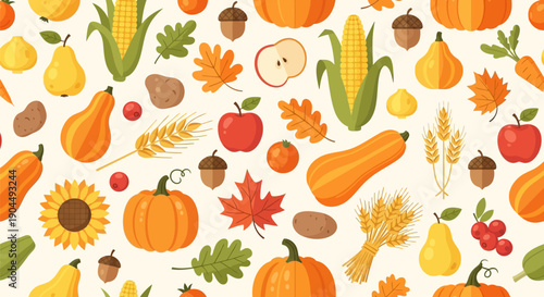 Repeating vector pattern of fall harvest vegetables, fruits, and grains: pumpkin, squash, corn, apple, pear, potato, acorn, and maple and oak leaves on an off-white background.
