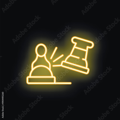Yellow neon icon of a rook chess piece knocking over a pawn chess piece, on a black background