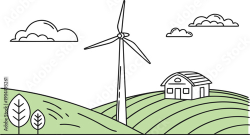 A simple illustration of a wind turbine standing tall in a green rural landscape with a house and trees