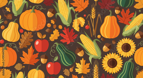Detailed flat vector seamless pattern featuring vibrant orange pumpkins, yellow corn cobs, maple leaves, apples, acorns, and gourds scattered across a rich brown background.