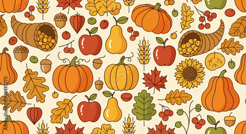 Autumn harvest seamless pattern featuring pumpkins, gourds, cornucopia, oak and maple leaves, berries, apples, and wheat in a stylized outline design.