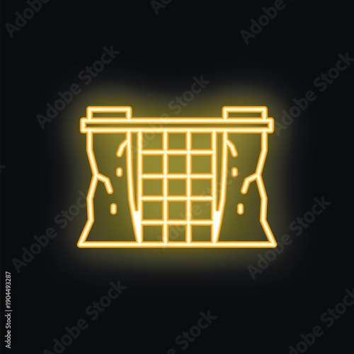 Bright yellow neon icon of a hydroelectric power plant glowing on black background