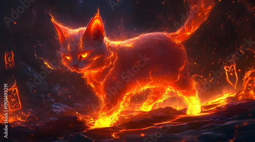 An Elegant Cat, covered in Flame, like a Fire Spirit