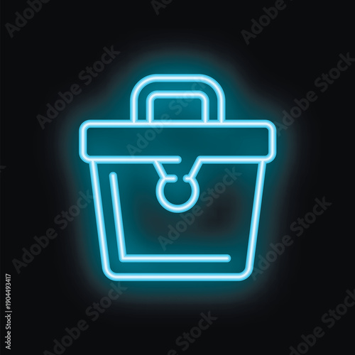 Blue neon lunch bag glowing on black background, concept for lunch break or food delivery