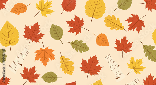 Seamless vector illustration pattern of falling deciduous autumn leaves (maple, oak, birch) and bark pieces in red, orange, yellow, and green tones, scattered randomly on a warm beige background.