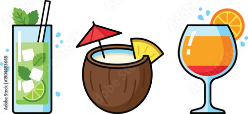 green mint highball, tropical coconut drink with umbrella, and orange layered wine glass, illustrated from a front view