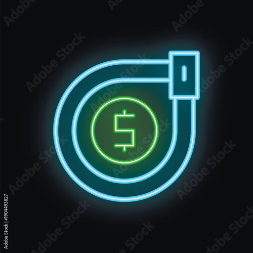 This neon sign depicts a cable plugged into a dollar coin, representing the concept of online earnings