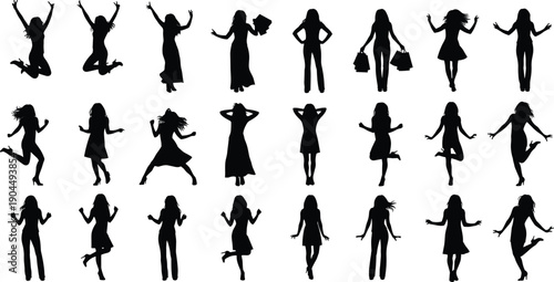 Female silhouettes collection in various poses, jumping dancing women, fashion lifestyle vector set, black people illustration isolated