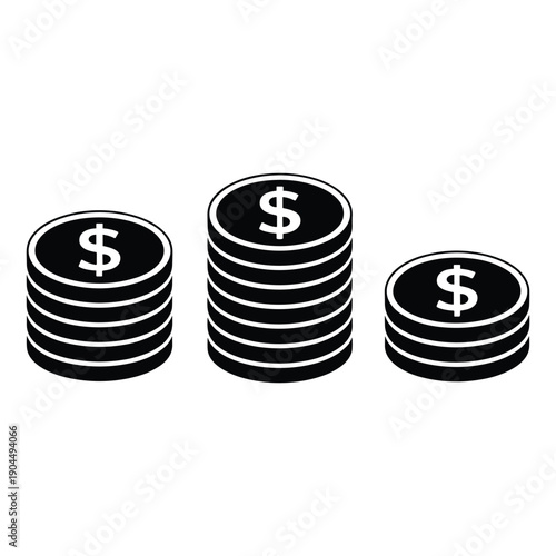 Three stacks of coins with dollar signs on them in a row isolated on white background, Vector