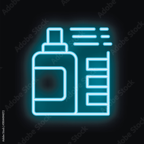 Blue glowing neon icon of a bottle or container with its instruction manual, isolated on black background