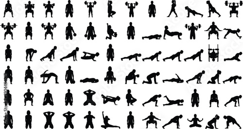 fitness exercise silhouettes, workout training poses, gym activities collection, strength cardio yoga movements, black isolated athlete figures