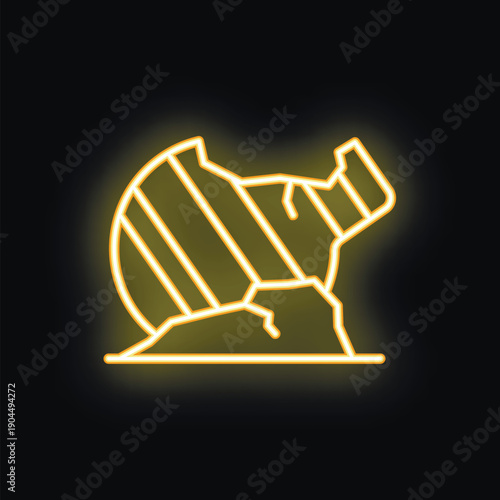 Yellow glowing neon sign depicting broken glass bottle lying on the ground