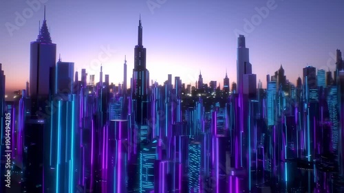 Wallpaper Mural Futuristic city skyline at twilight, vibrant neon lights illuminating tall buildings Torontodigital.ca