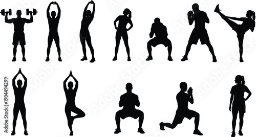 Fitness training silhouettes workout exercise poses male and female athletes isolated on white background healthy lifestyle illustration
