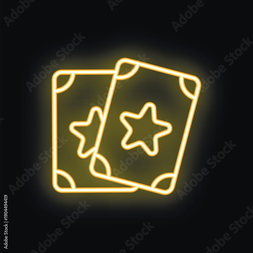 Minimalistic neon icon of two tarot cards with rounded corners glowing yellow on black background, representing divination and fortune telling