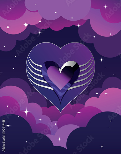 Purple heart with wings in clouds