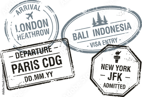 daffodil travel stamp collage featuring London arrival, Bali visa, Paris departure, New York admission, airplane icons and vibrant global journey