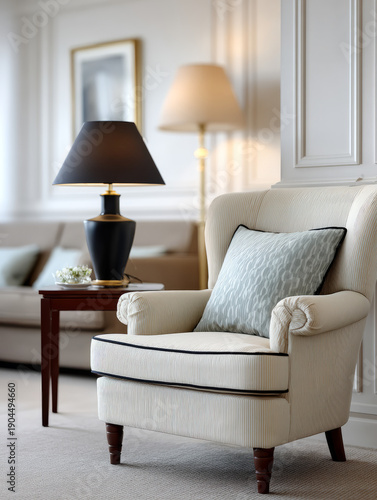 Elegant armchair with lamp in sophisticated living room