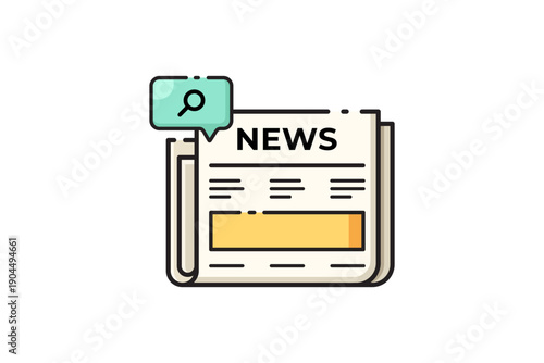 vector illustration of a folded newspaper with headline, text lines, and a search icon bubble, symbolizing online news and information browsing.