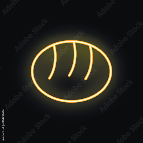Yellow neon sign in the shape of a freshly baked loaf of bread is glowing on a dark background
