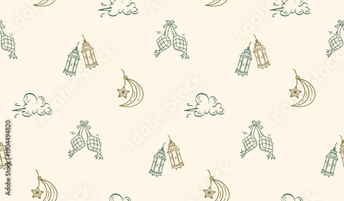 Ramadan doodle background. Eid al fitr doodle pattern background. Eid mubarak seamless pattern with lantern, crescent moon, sky, ketupat doodle illustration. Ramadan hand drawn background.
